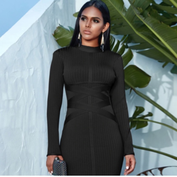 ELEGANT LONG SLEEVE HIGH MOCK NECK BANDAGE DRESS - Picture 4 of 7